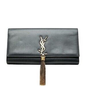 Saint Laurent YSL Logo Kate Tassel Fringe Clutch Bag Black Leather